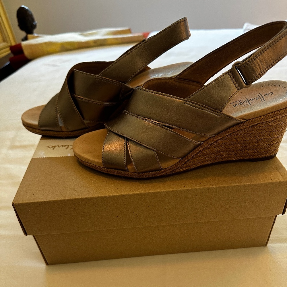 CLARKS LAFLEY Krissy Wedge Sandal, PEWTER Leather, Women Size 8.5M